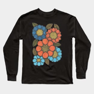 Flower power, orange, blue, green, retro flowers Long Sleeve T-Shirt